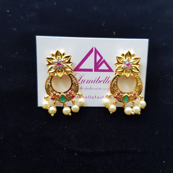 Gold polish finish earrings with pink and green stone work