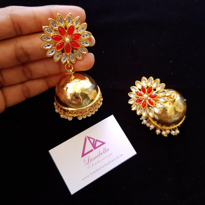 Designer Style Red Stone Embellished Jhumka Jhumki - LumibellaFashion