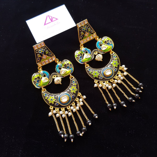 Kundan Style Black Enameled Designer Long Earrings