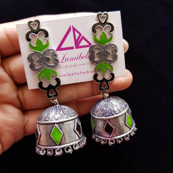 German silver black and green enameled jhumka jhumki - LumibellaFashion