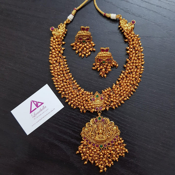 Golden Pearl Embedded Temple Traditional Neckset - LumibellaFashion