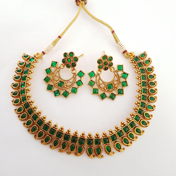 Green Stone Studded Floral Antique Style Neckset - LumibellaFashion