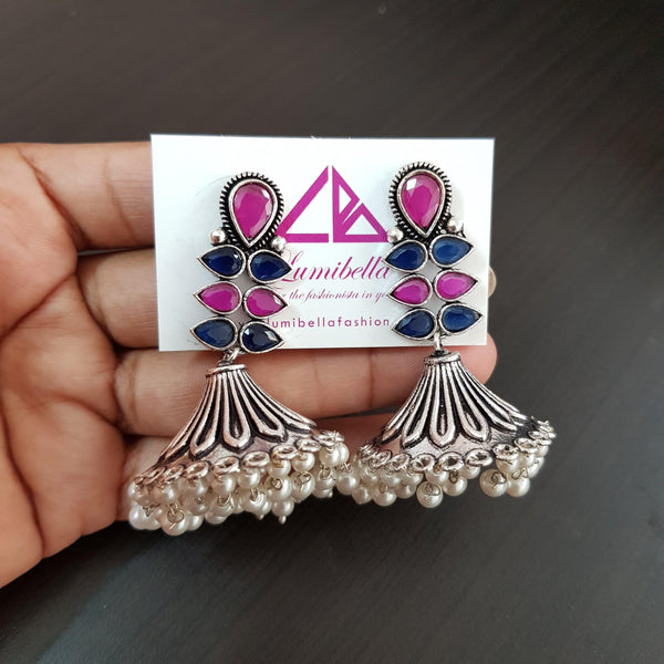 Oxidised Elegant Jhumka with Ruby and Blue Stones - LumibellaFashion