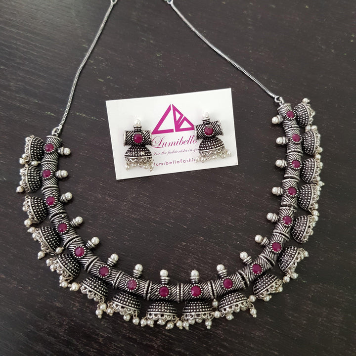 Oxidised Silver Neckset with Ruby Stones - LumibellaFashion