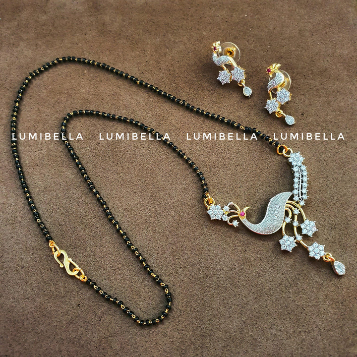 Peacock Style Mangalsuthra Neckset with Stud Earrings - LumibellaFashion