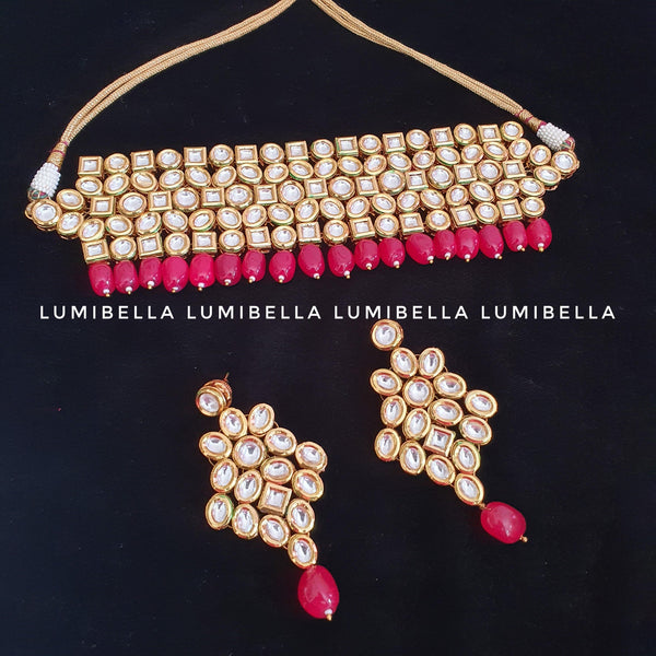 Kundan Choker Necklace With Red Beads - LumibellaFashion