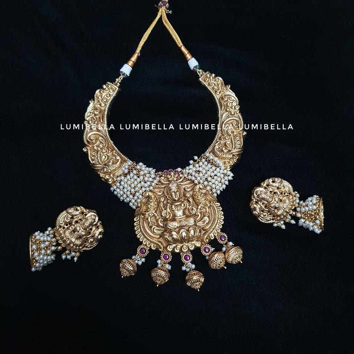 Goddess Lakshmi Engraved Matte Necklace With Jhumki Earrings - LumibellaFashion