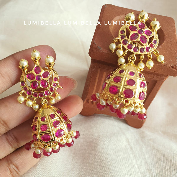 1 Gram Gold Polish Handset Kemp Jhumka Earrings - LumibellaFashion