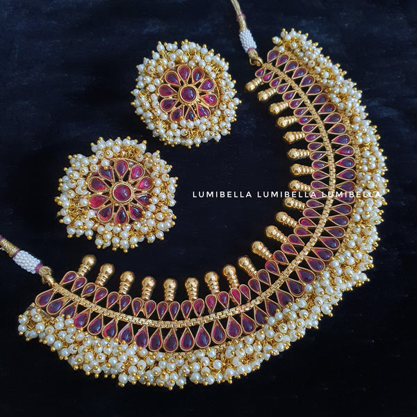 Ruby and Pearl Studded Traditional Neckset - LumibellaFashion