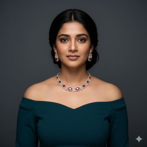 Woman wearing ruby chokers and earrings.