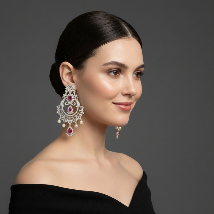 Woman wearing lumibella's Big American Diamond Earrings.