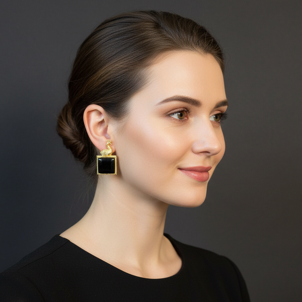 women wearing Lumibella's Black Square Ear Bird Stud Earrings.