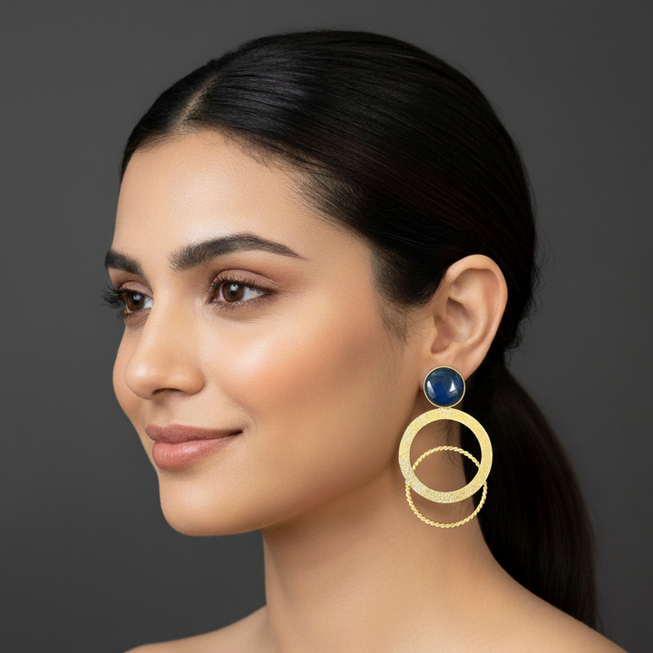 women wearing blue Ring Dangle Earrings