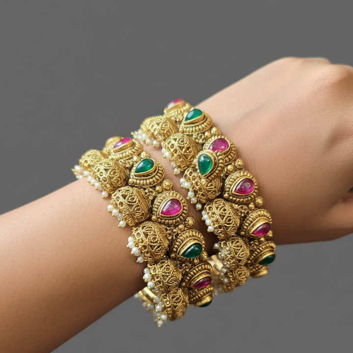 women wearing Bridal Kada Bangles With Jhumki 2*6 from lumibella fashion. 