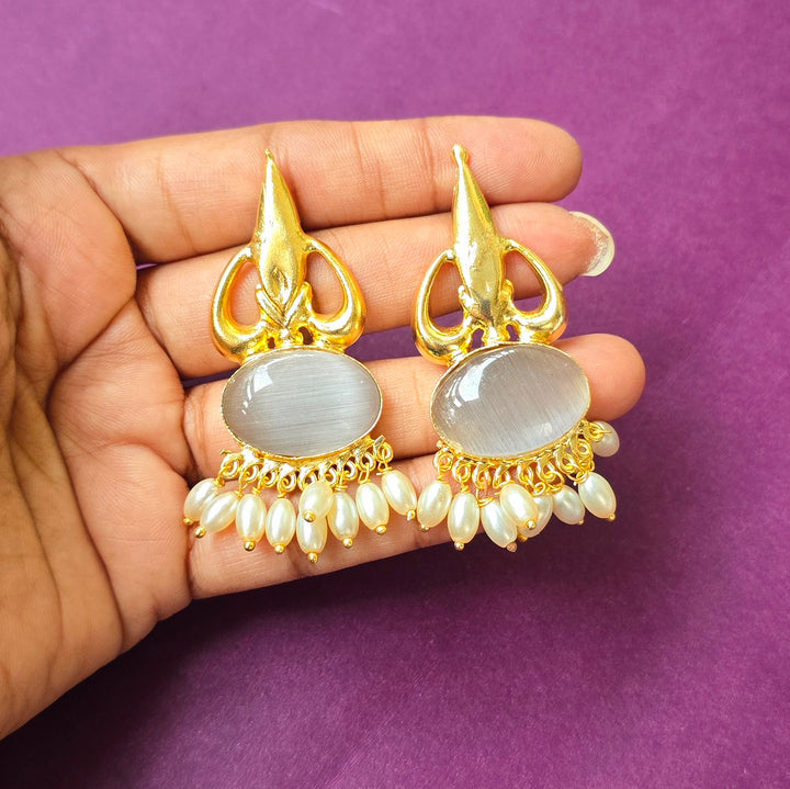 Dangler gold earrings with grey stones