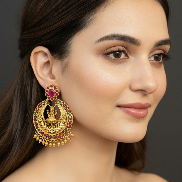 Woman wearing lumibella's Designer Chandbali Earrings. 