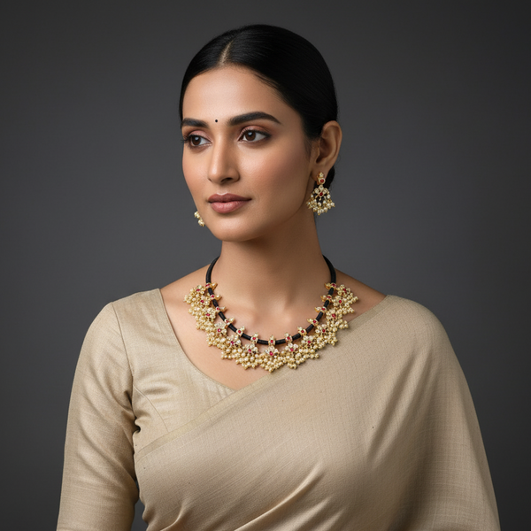 Women wearing Gold Plated Black Thread Short Neckset. 
