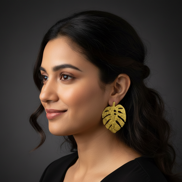 women wearing lumibella's Gold plated leaf earrings. 