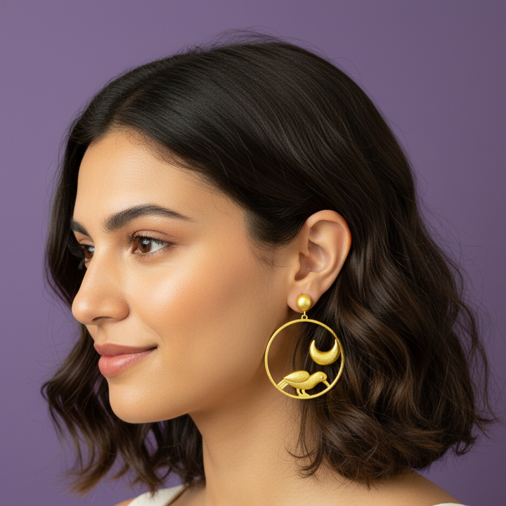 Woman wearing lumibella's Gold round earrings with birds. 