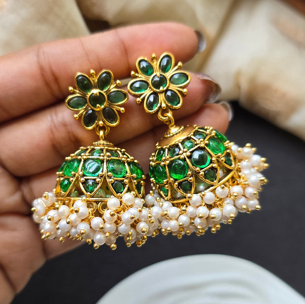 Green Kemp Jhumkas With Cluster Pearl