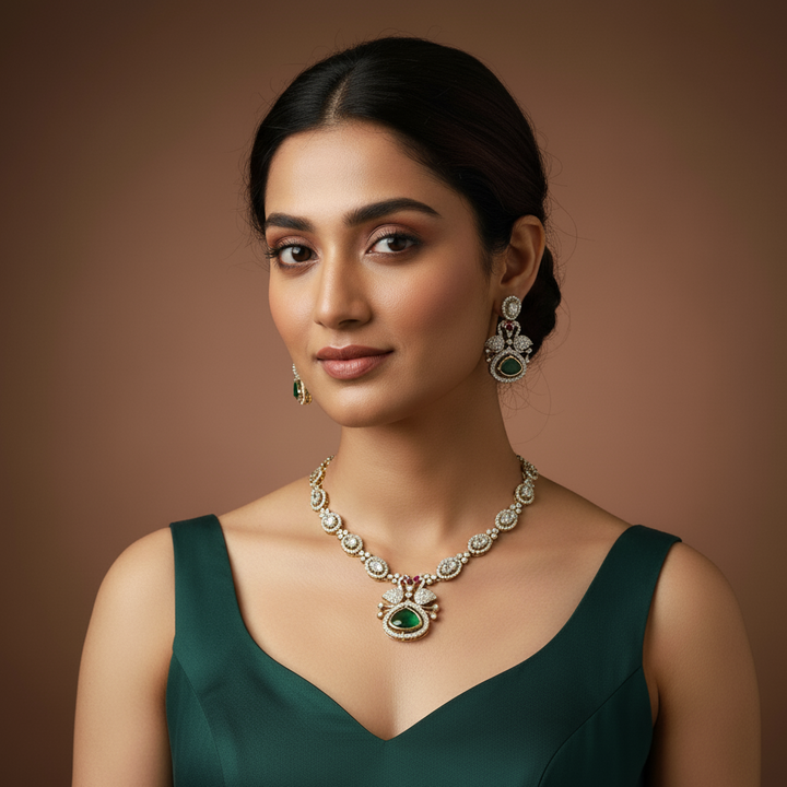 women wearing Green Victorian Diamond Peacock Neckset from lumibella fashion. 