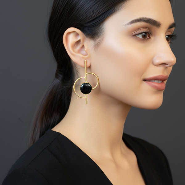 women wearing lumibella's Half Circle Long Black Earrings. 