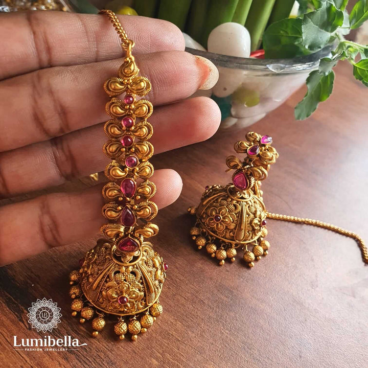 Ruby Jhumkas With Earchains