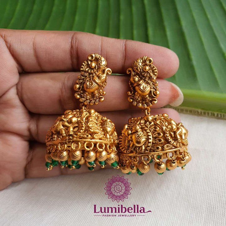 Peacock Jhumki With Green Beads