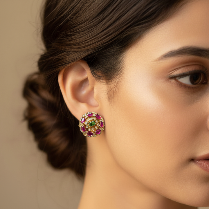 model wearing to ad stud earrings