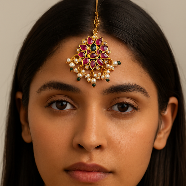 Woman wearing a decorative maang tikka with kemp stone and pearls.