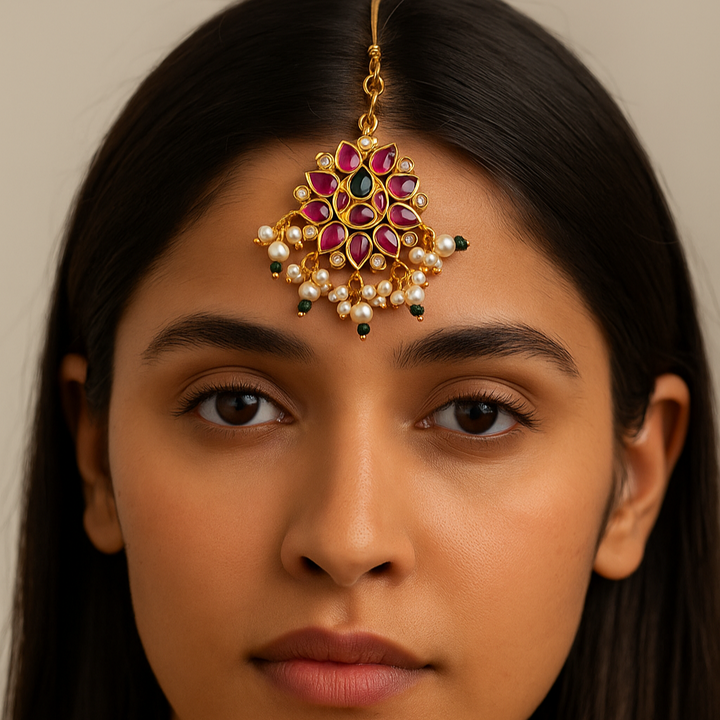 Woman wearing a decorative maang tikka with kemp stone and pearls.
