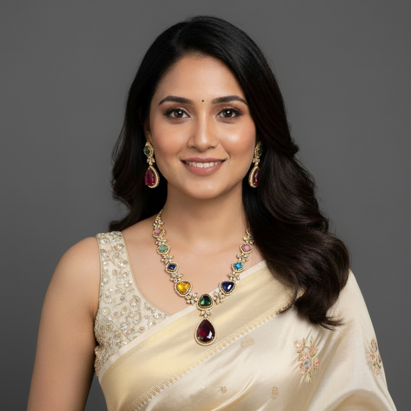 women wearing Lumibella Fashion AD multi color neckset.