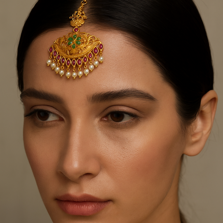 Woman wearing traditional gold and pearl tikka.