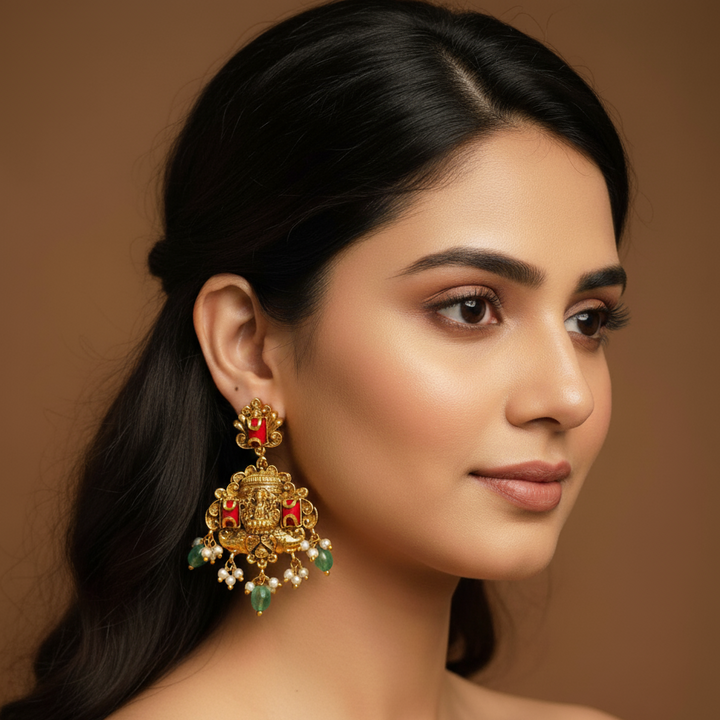 Ai model wearing coral temple chandbali earrings. 