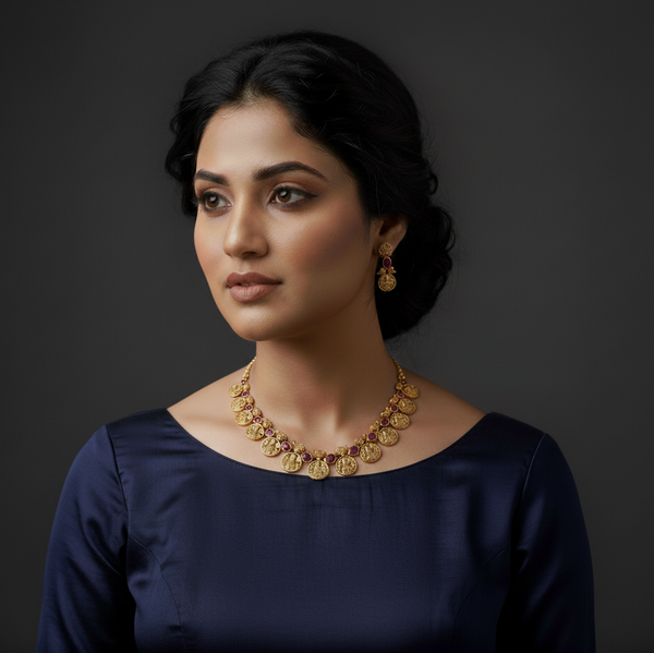 Woman wearing a short gold kasumala necklace and earrings.