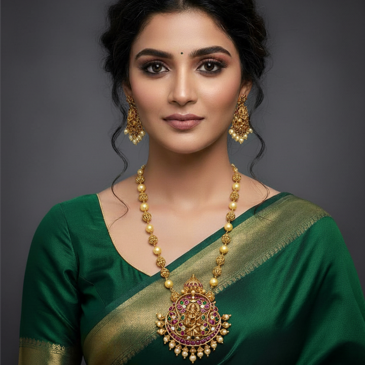 Woman wearing a green saree with gold pearl inspired jewelry  