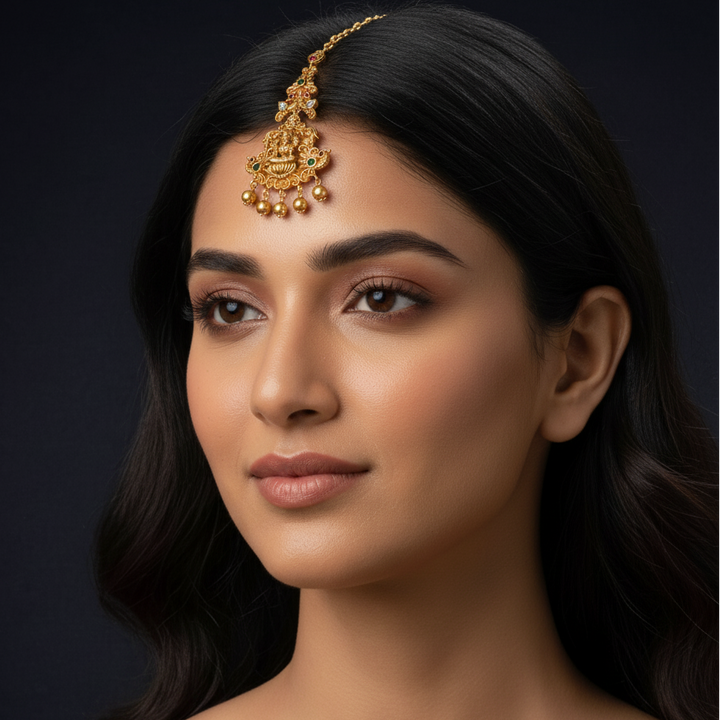 Ai model wearing maang tikka temple style. 