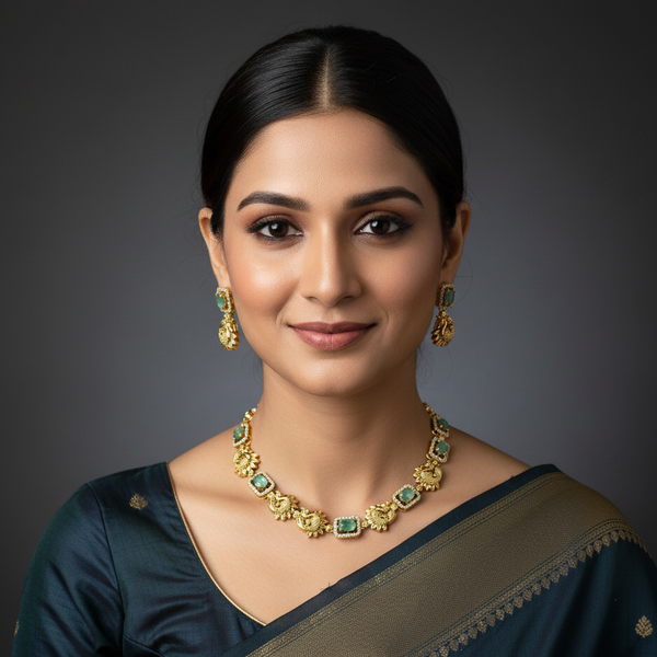 Women wearing Mint Green Peacock AD Necklace.