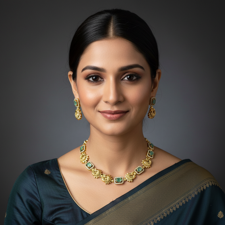 Women wearing Mint Green Peacock AD Necklace.