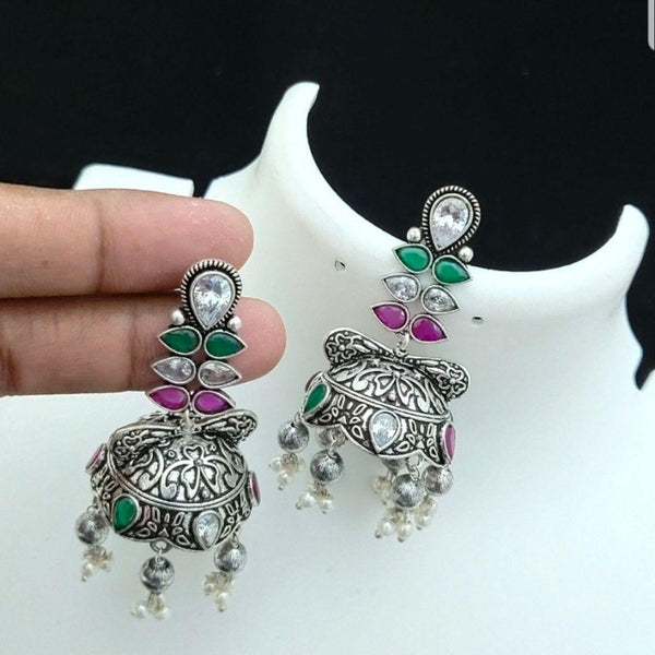 German silver Jhumka Earrings with Multi stone and Gungurus - LumibellaFashion