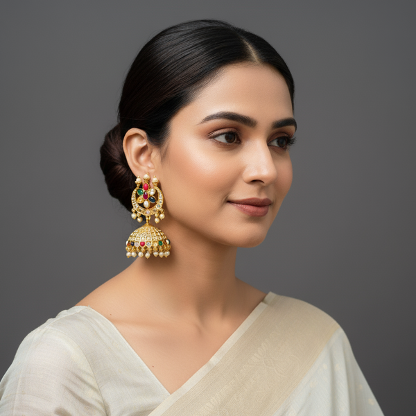Woman wearing navrathna jhumka earrings.