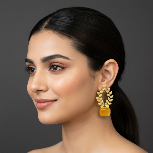 women wearing Orange Opaque Stone Leaf Earrings. 