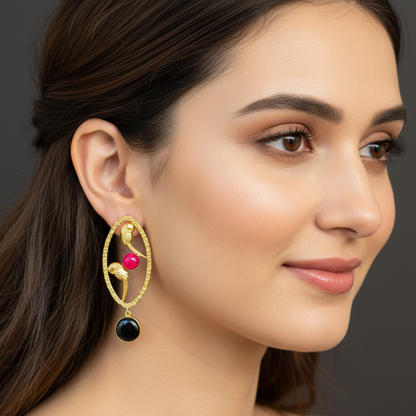 women wearing lumibella's Oval Bird Party Earrings. 