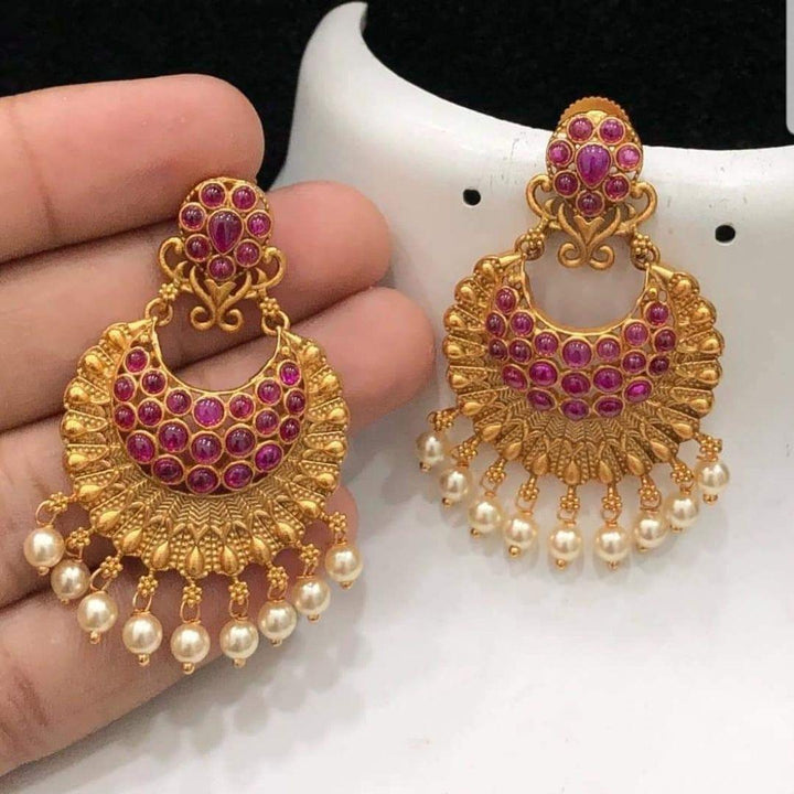 Matte Finish Chandbali Earrings with Ruby Stone Embellishment - LumibellaFashion