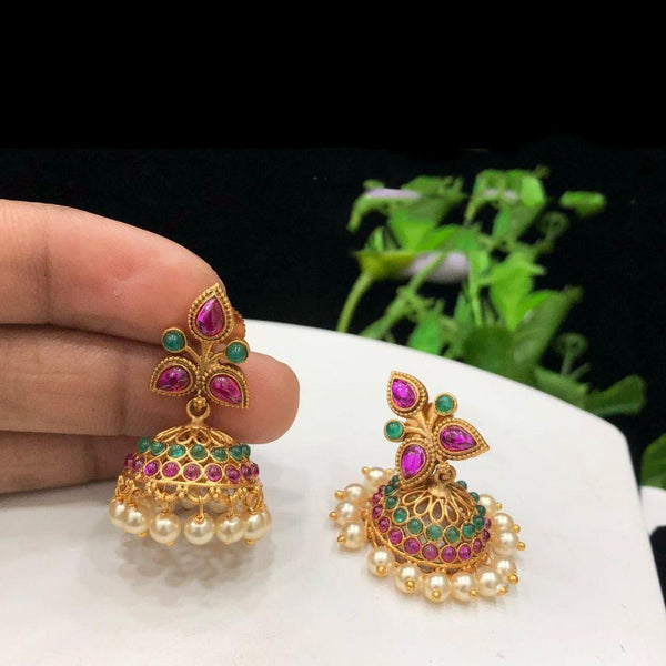 Multi Stone Studded Matte Jhumka Jhumki Earrings - LumibellaFashion