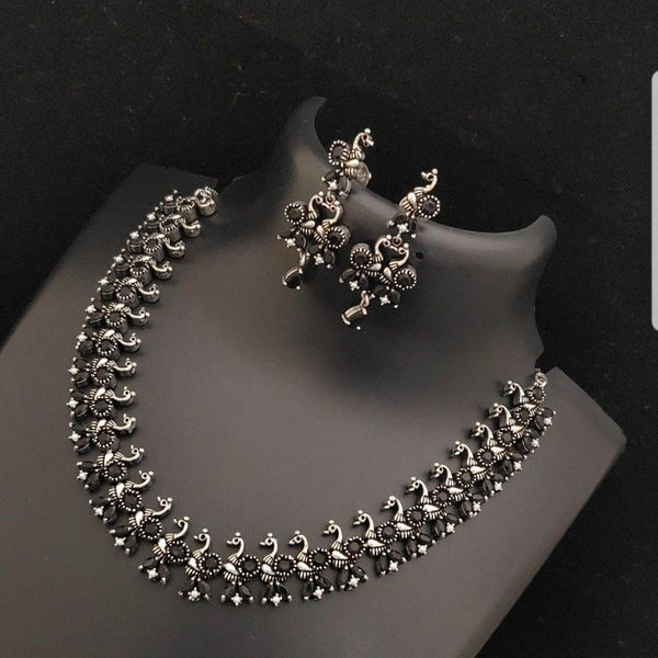 Peacock Style Faux Stone Studded German silver Neck set - LumibellaFashion