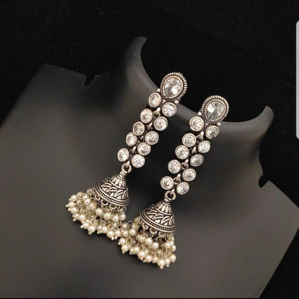 Oxidised Elegant Jhumka with White Stones - LumibellaFashion