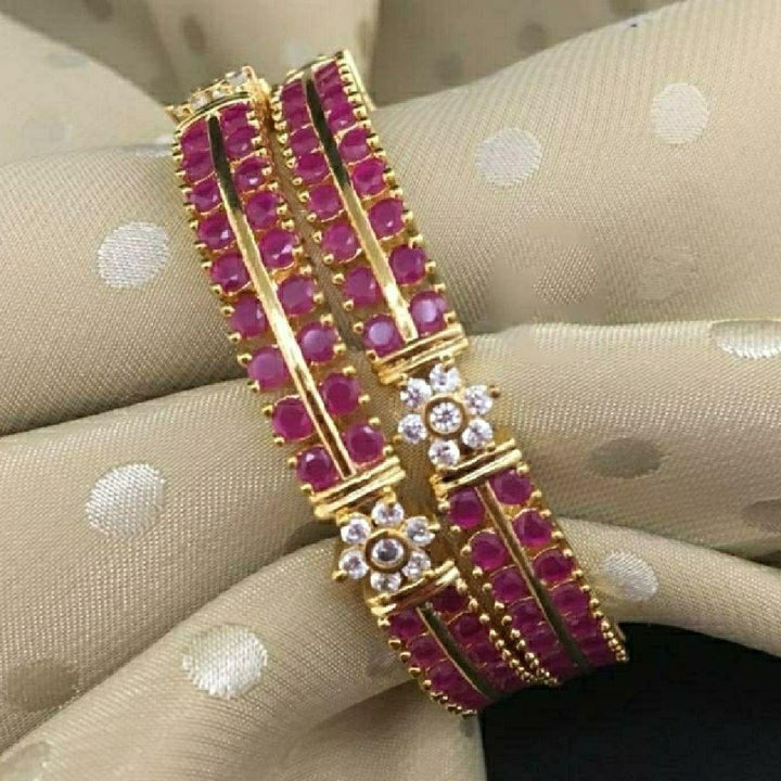 Floral Ruby and White Style American Diamond Bangles - LumibellaFashion