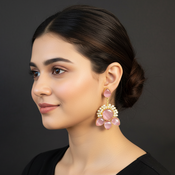 women wearing lumibella's Pastel Pink Party Earrings With Pearls. 
