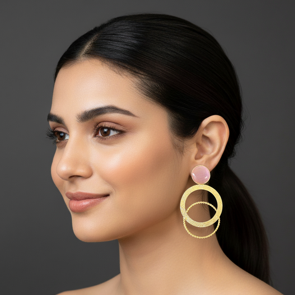 women wearing lumibella's Pastel Pink Ring Dangle Earrings.